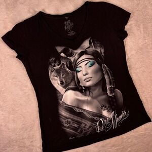 DG Angels Women's Native Wolf Graphic Tee Size XL Black Dream Weaver Print